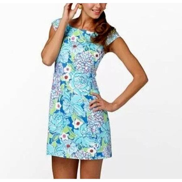 Lilly Pulitzer Allura Mayflower Floral Print Cap Sleeve Dress Turquoise Sz 4 - Picture 1 of 10